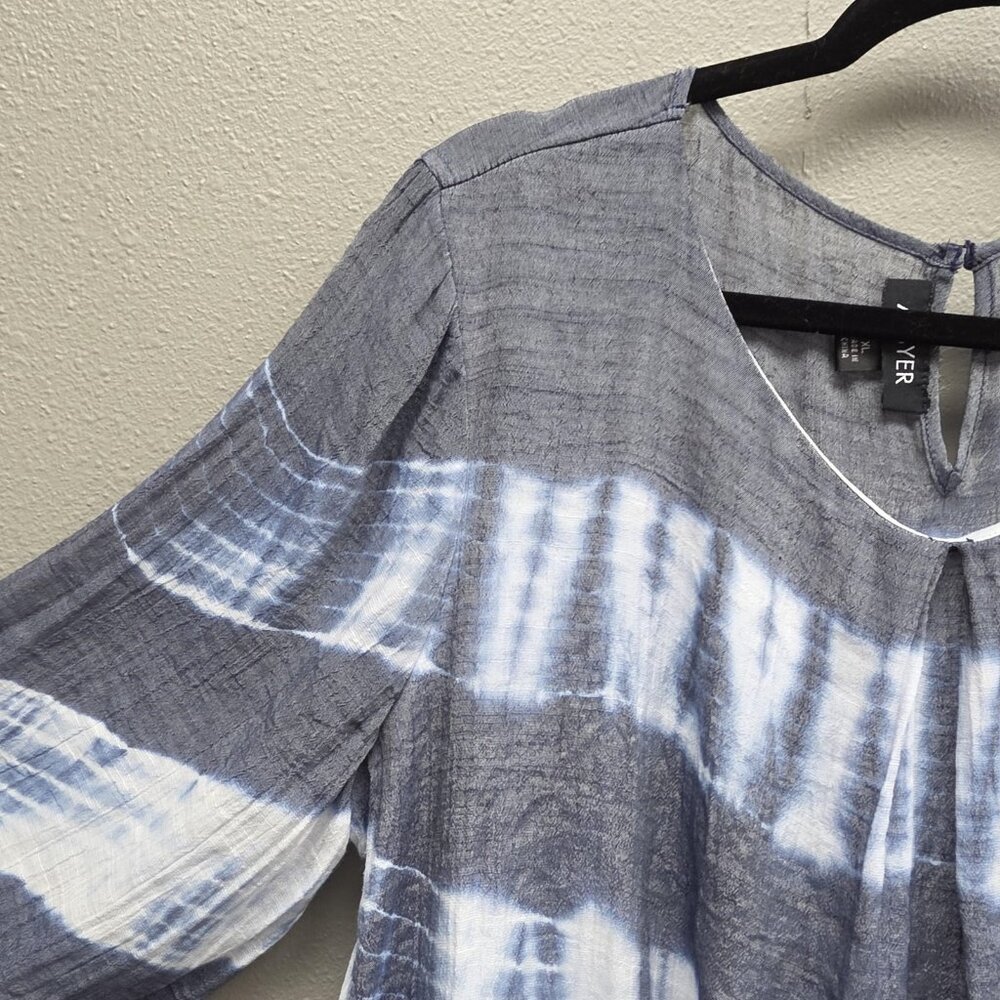 A. Byer Shirt Womens XL Gray Blue Tie Dye Peasant Boho Bell Sleeve Crochet Lined - Picture 2 of 13